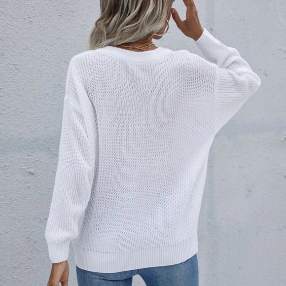 V neck minimalist boho knit sweater white - Picture 2 of 2